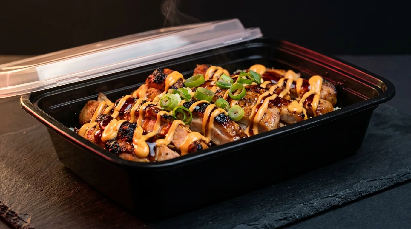 Seared hibachi chicken plate with crossed chipotle-orange mayo and dark soy glaze, fresh scallion, in a matte black snap-lid tray