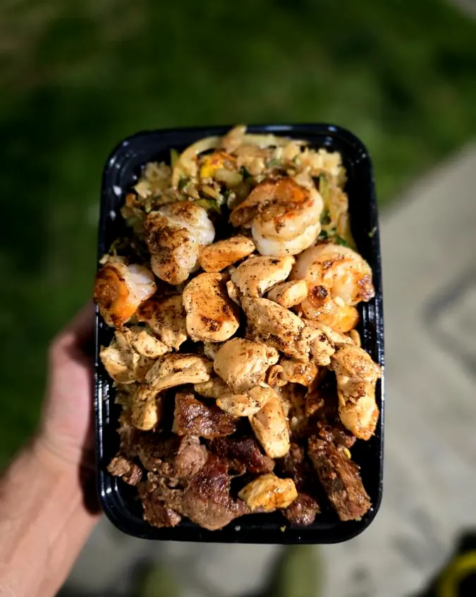 Premium hibachi plate with steak, chicken and shrimp