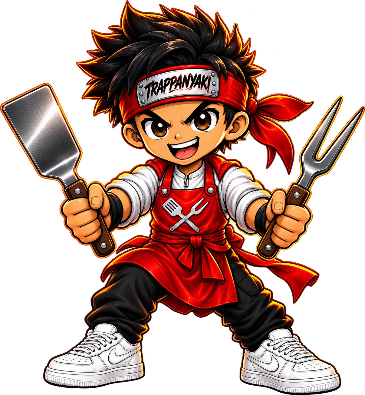 Trappanyaki mascot chef, spatula and fork raised, ready to cook